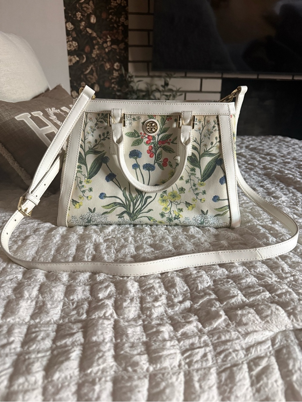 Tory Burch Robinson Botanical Watercolor Print Satchel Tote bag in white